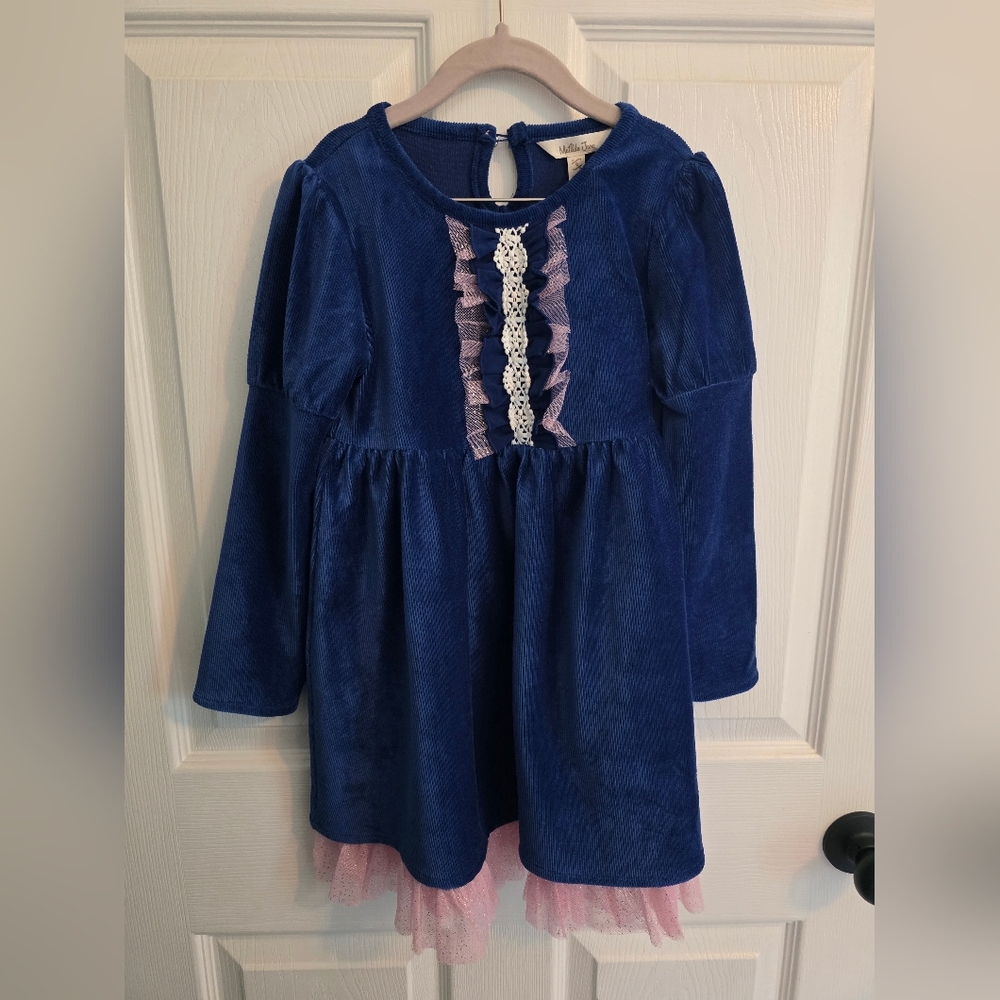 Matilda Jane Blue Dress with Pink Ruffle Accents